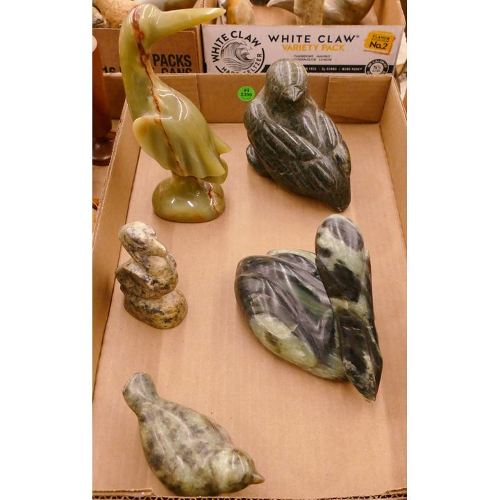 Box 5pc Carved Green Stone Bird Figures- largest 8''