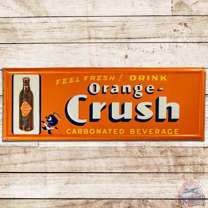 1948 Feel Fresh! Drink Orange Crush Emb. SS Tin Sign w/ Crushy & Bottle