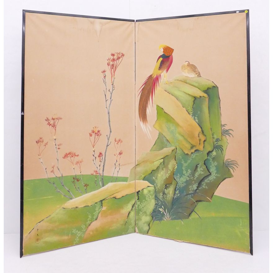 Japanese 2 Panel Painted Pheasant Room Screen- As Is- 67x68''