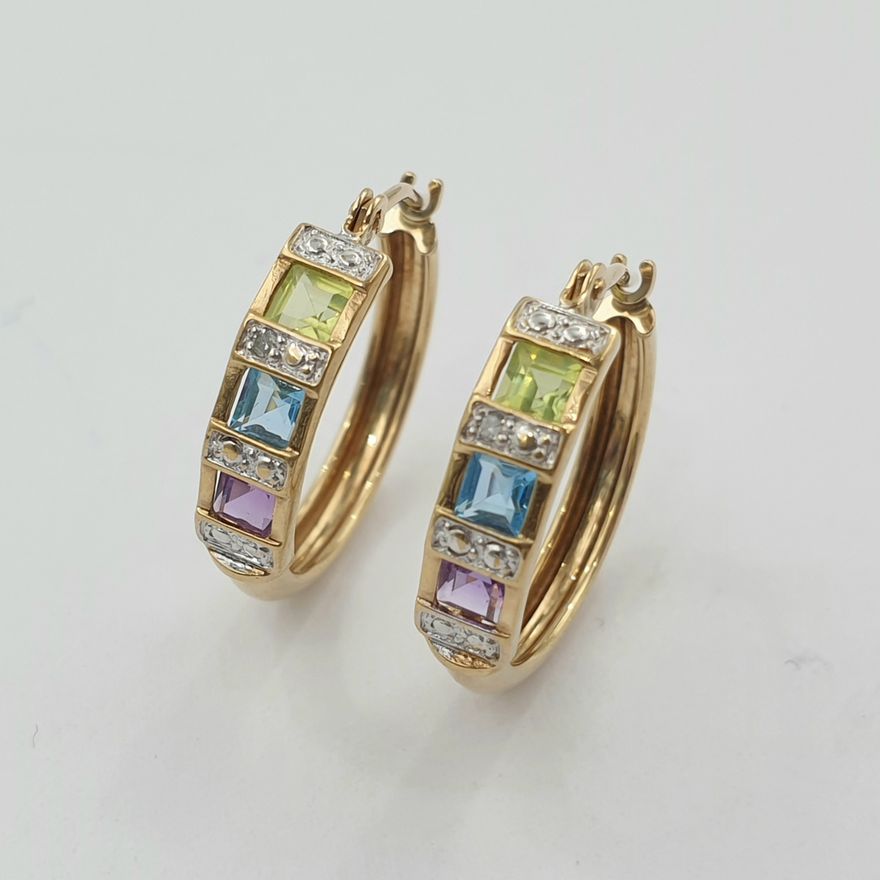 9ct Y/G Amethyst, Topaz & Peridot Hoop Earrings