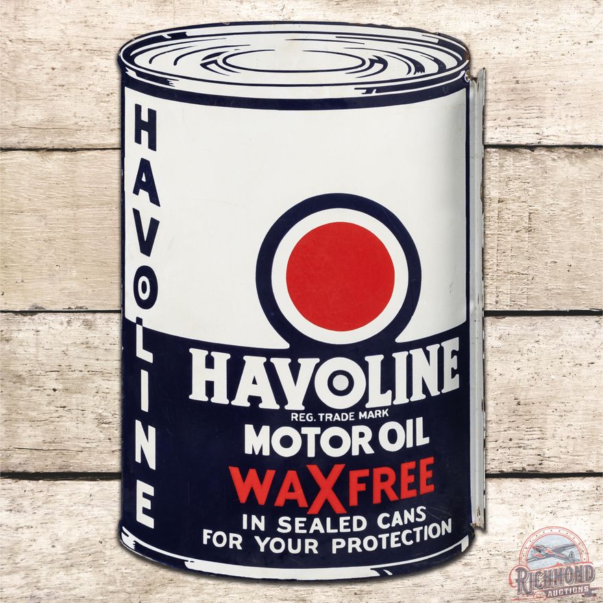 1934 Havoline "WaxFree" Motor Oil In Sealed Cans DSP Flange Sign - 8.5 & 7.9