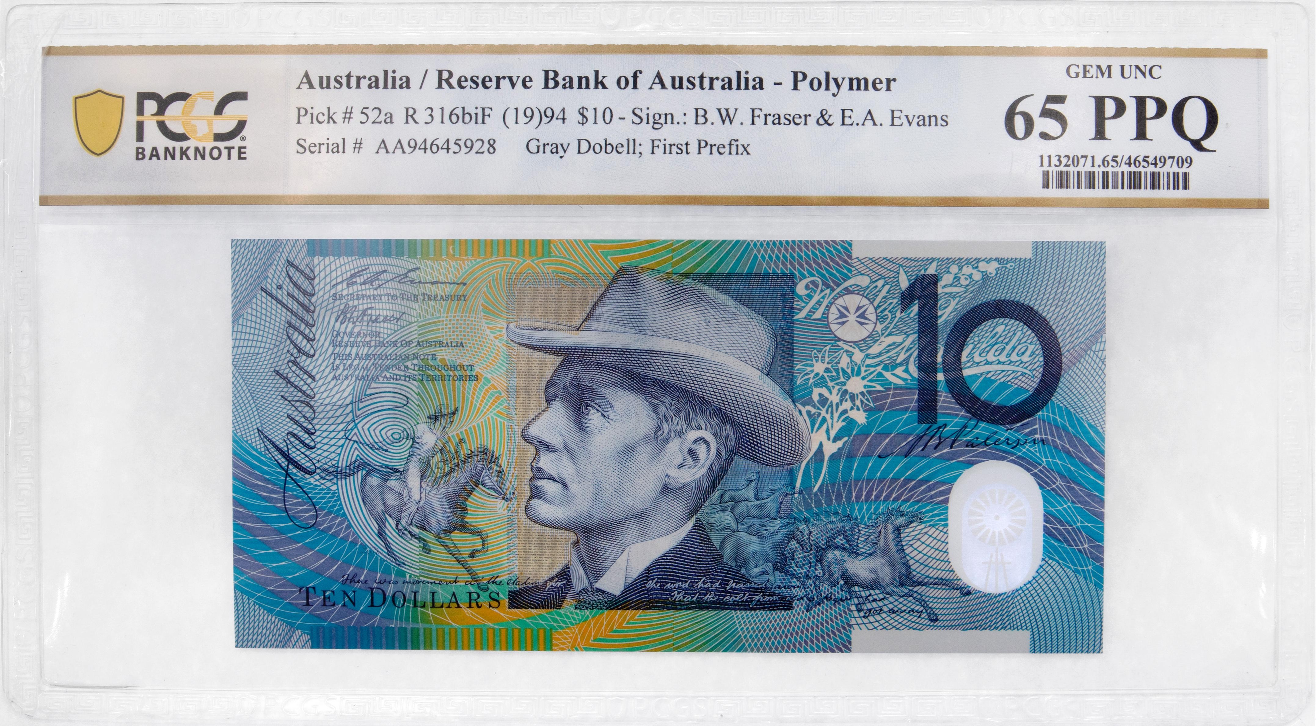 Fraser/Evans, Gray Dobell; First Prefix, Ten Dollar, 1994, PCGS Gem UNC 65 PPQ