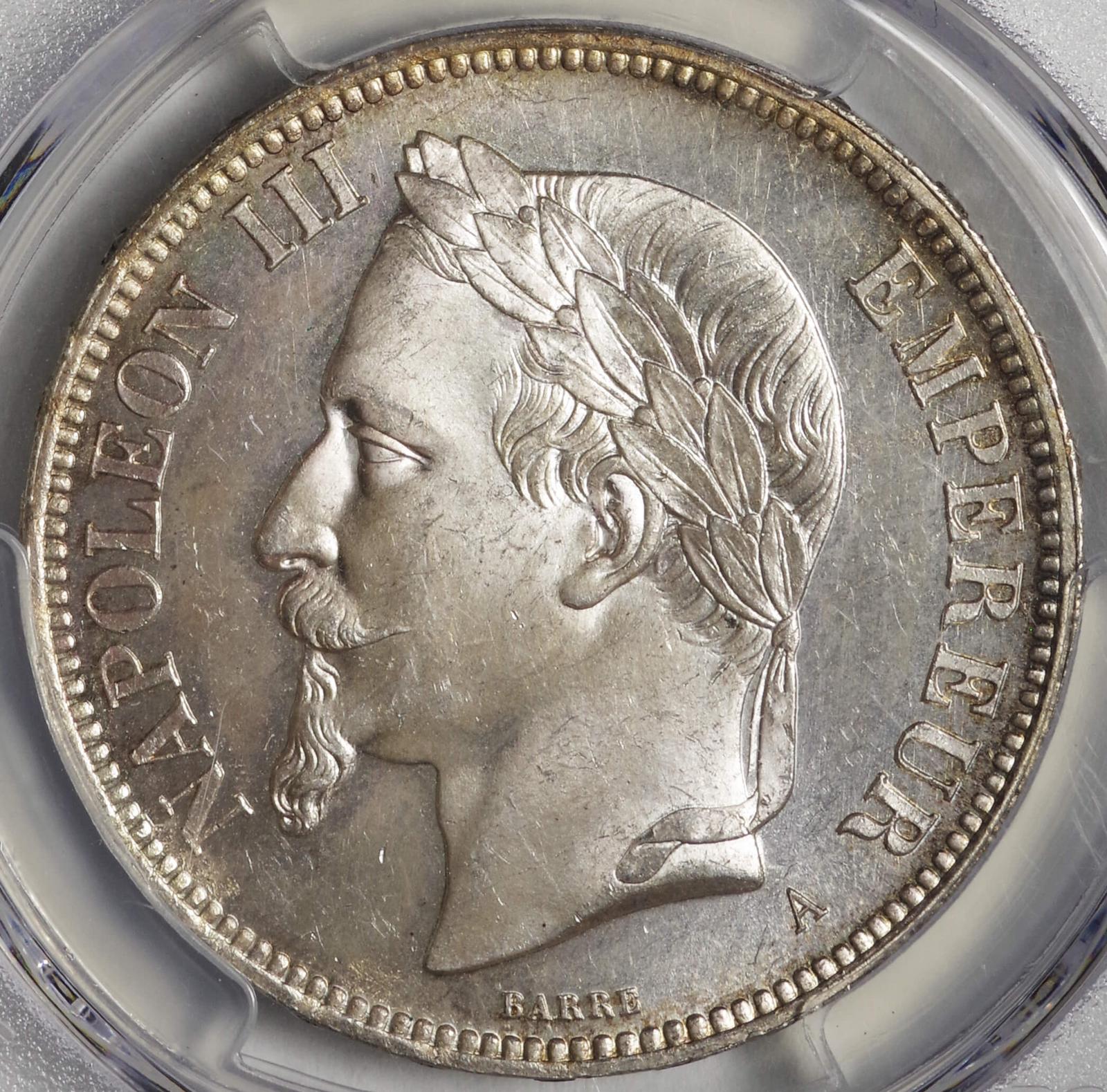 フランス-France.PCGS MS65 ナポレオン3世 月桂冠像 5フラン銀貨 1870 