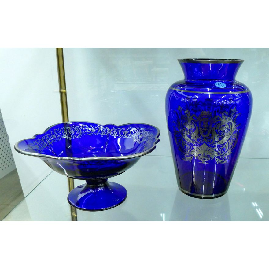 2pc Cobalt Blue Decorated Vase & Bowl 10.5''