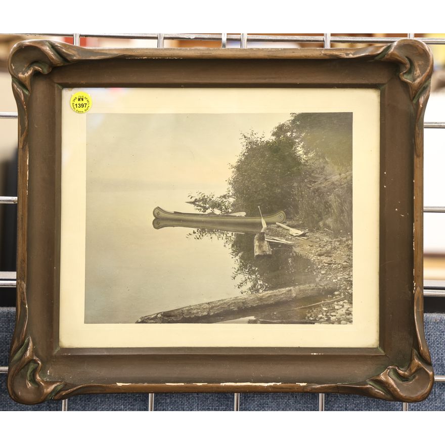 Antique Tinted Indian Canoe Photograph Framed 12''x14''