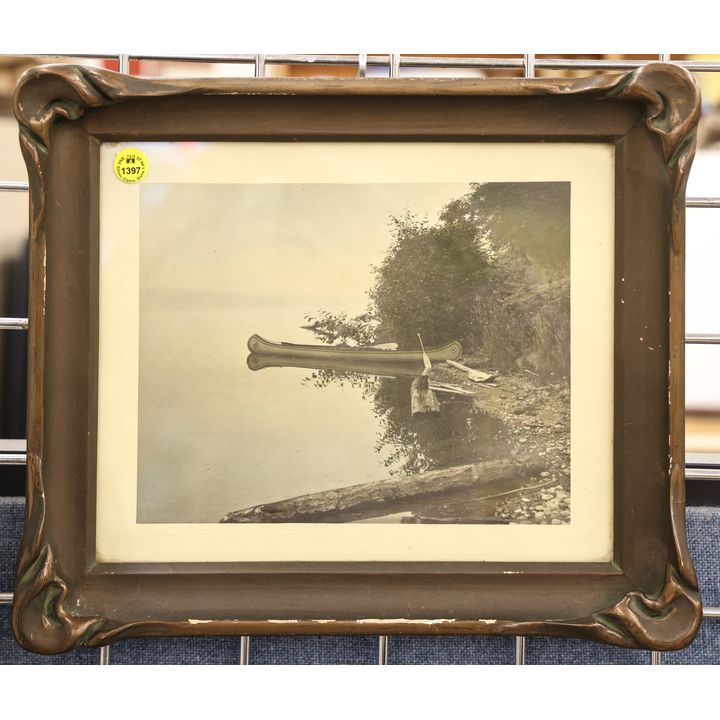 Antique Tinted Indian Canoe Photograph Framed 12''x14''