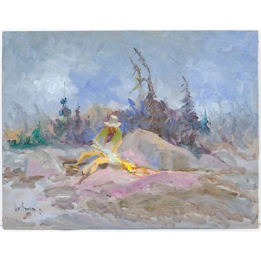 Gene Amondson ''Man by Fire'' 1993 Oil on Masonite 12.25''x16''