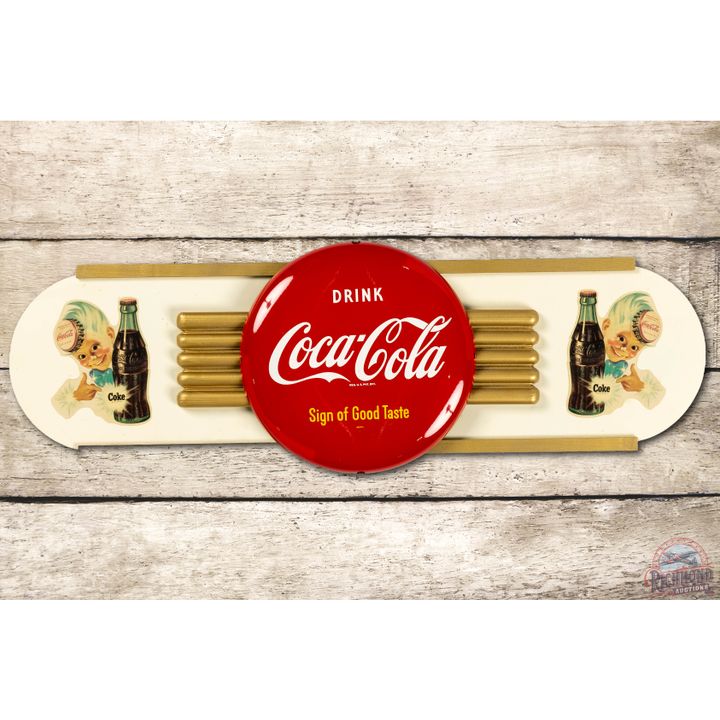 Coca Cola Masonite Kay Display w/ Drink Coca Cola Tin Button Sign