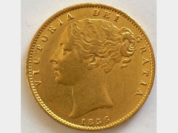 1856 VICTORIA YOUNG HEAD SHIELD GOLD SOVEREIGN (EX-MOUNT)