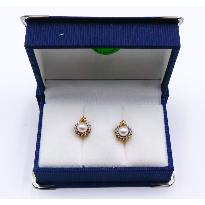 Pair 14k Pearl & Diamond Earrings 12mm - 2.6 Grams TW