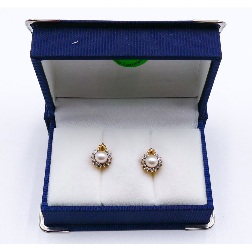 Pair 14k Pearl & Diamond Earrings 12mm - 2.6 Grams TW