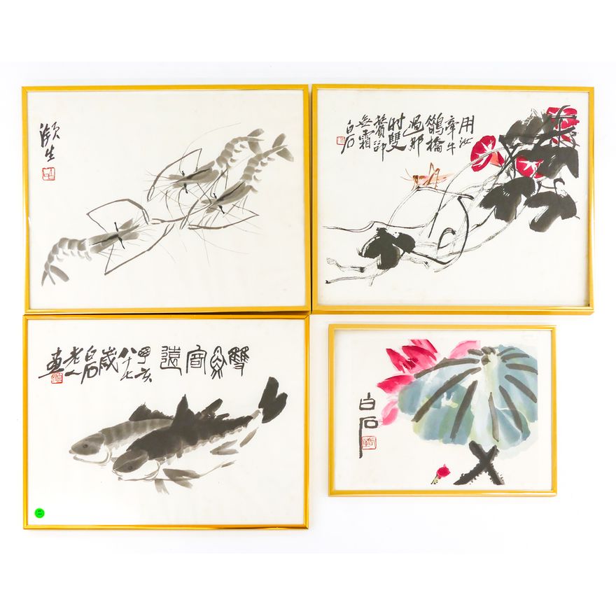 4pc Qi Baishi Chinese Woodblock Prints Framed