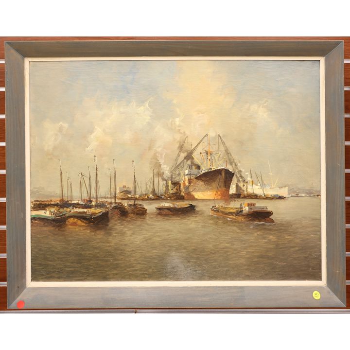 F. Drotman Dutch Ship Scene Oil Painting Framed 27.5''x35''