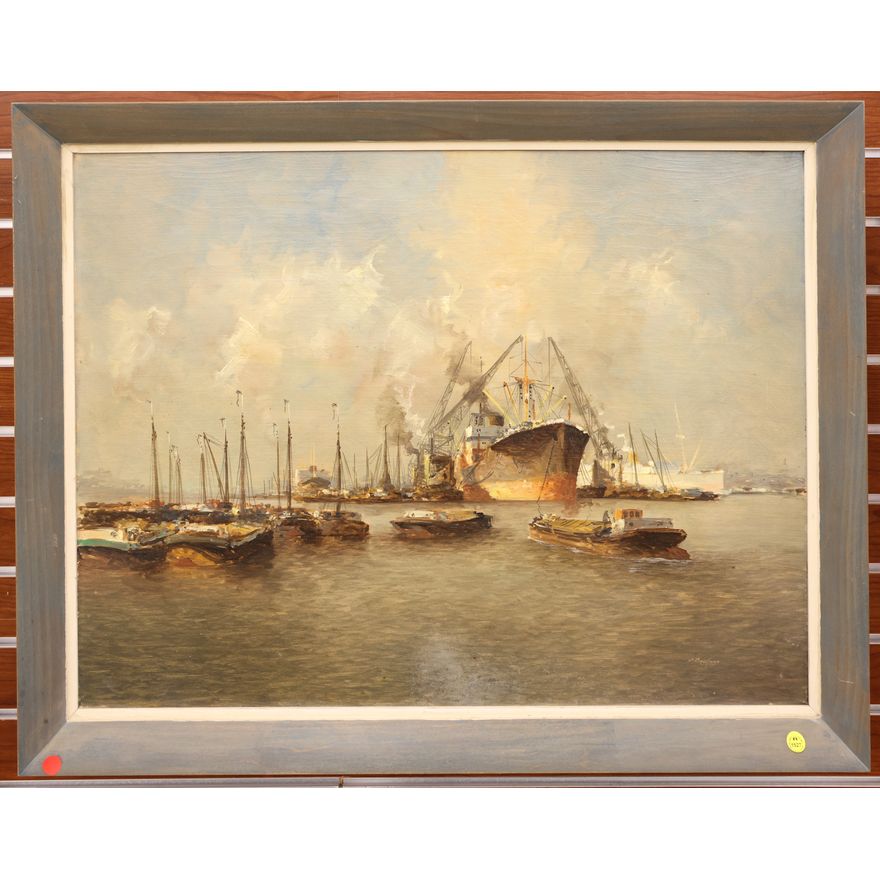 F. Drotman Dutch Ship Scene Oil Painting Framed 27.5''x35''