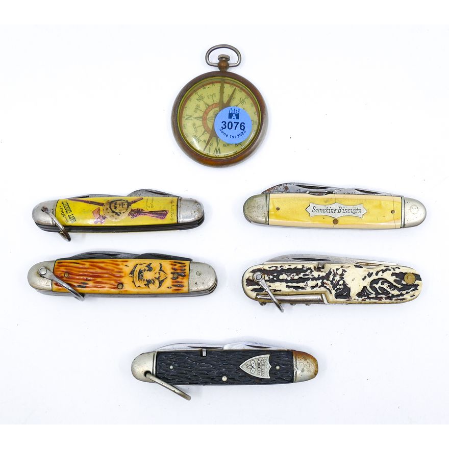 6pc Antique Advertising Pocket Knives & Boy Scout Compass