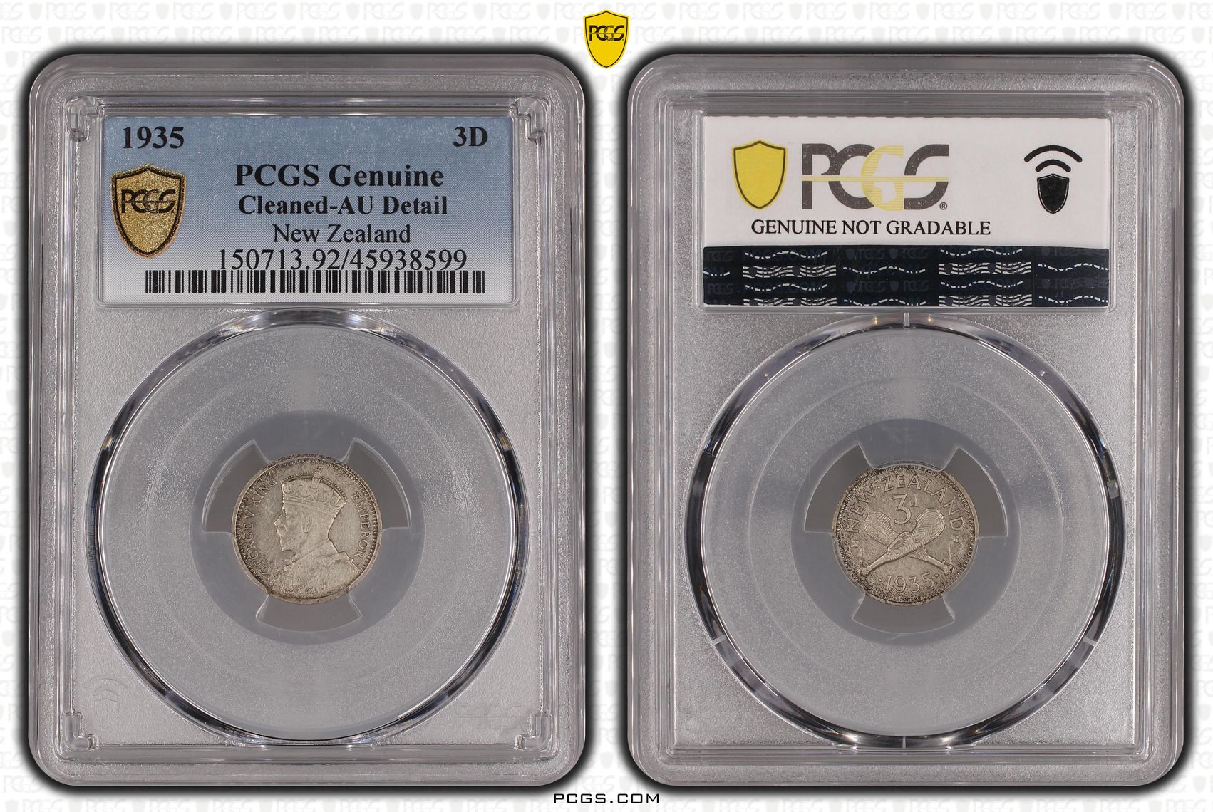 1935 New Zealand Threepence Silver PCGS - Genuine - AU Details (92 - Cleaned) -599