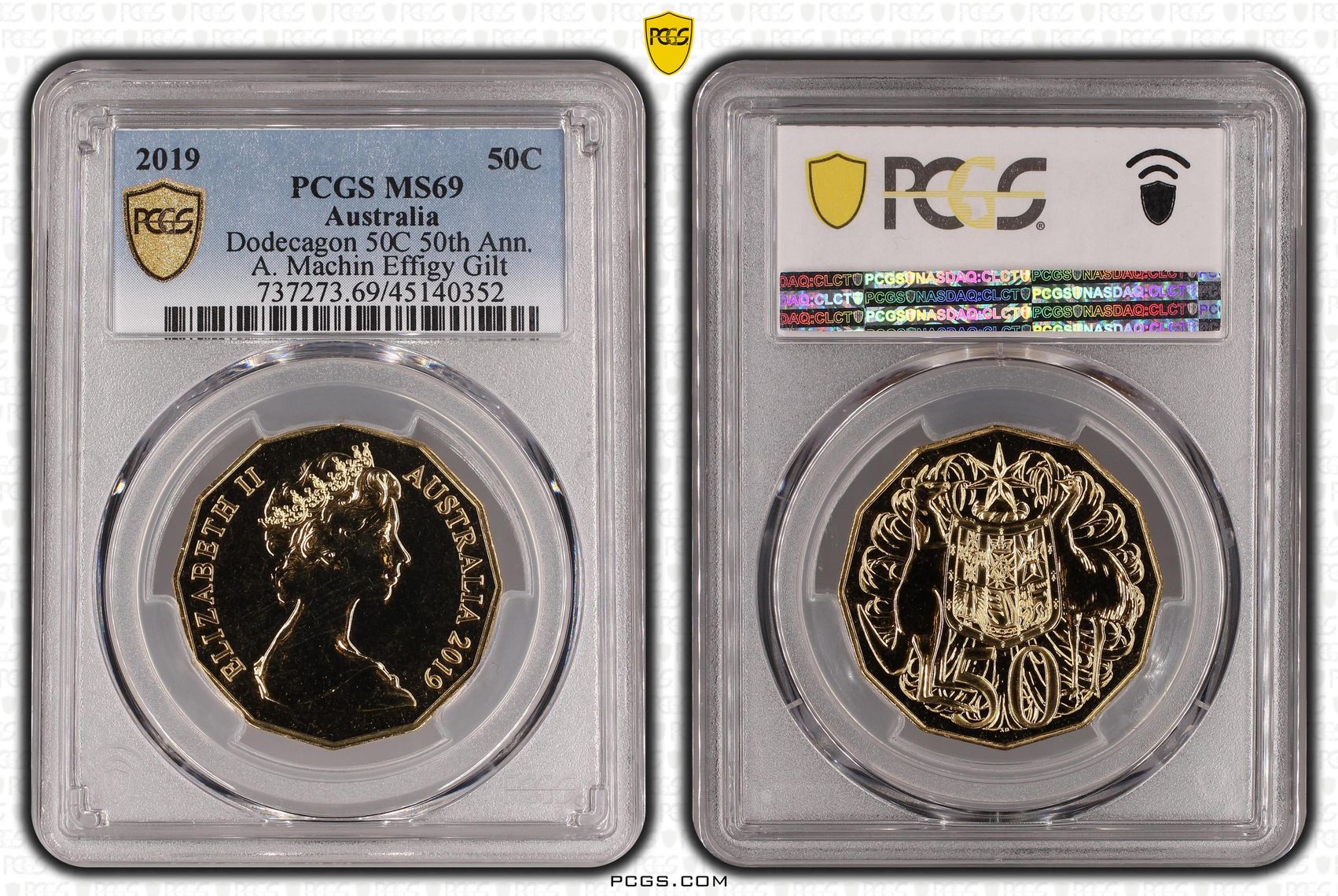 Elizabeth II, Dodecagon 50th Anniv. Gold-Plated Machin Effigy, Fifty Cent, 2019, PCGS MS 69