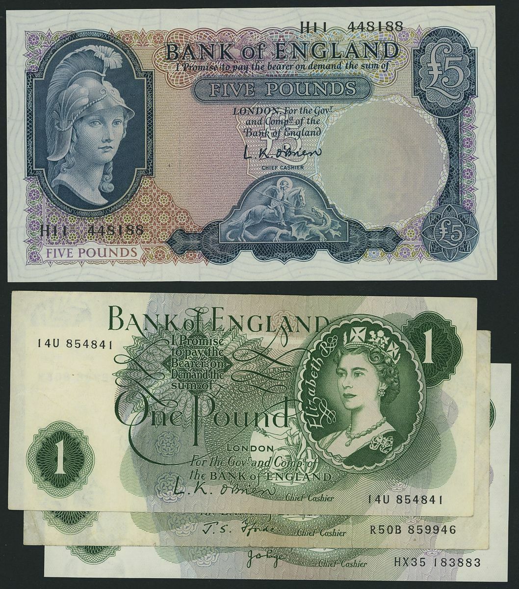 Great Britain, Bank of England, six assorted notes, four £1, two £5 ...