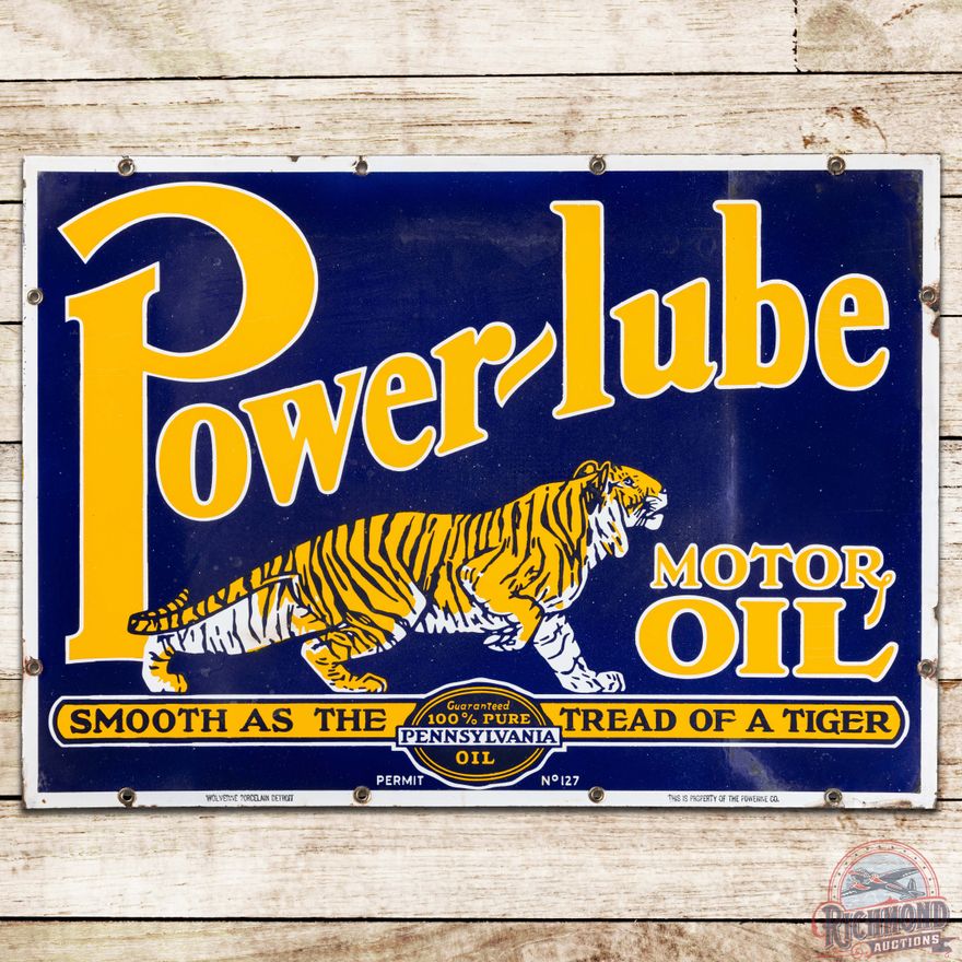Powerlube Motor Oil "Smooth as the Tread of a Tiger" DS Porcelain Sign