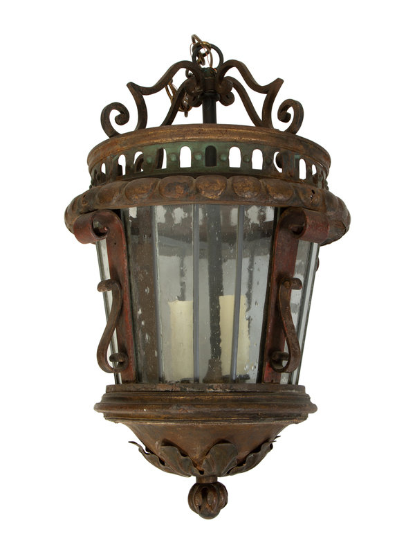 A Pair of Continental Iron Lanterns with Leaded Glass Panels
Height 27 x diameter 17 inches.