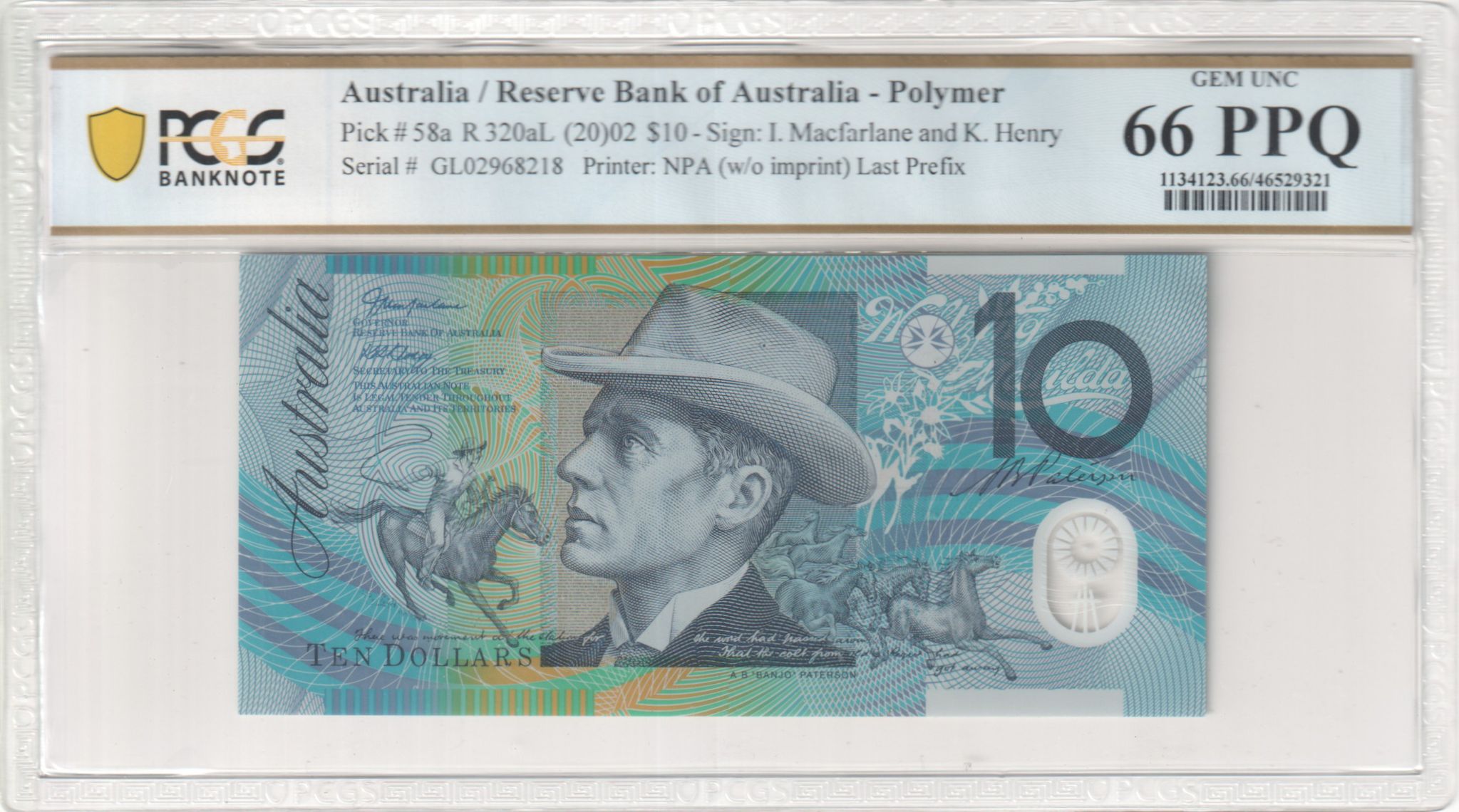 Macfarlane/Henry, Last Prefix, Ten Dollar, 2002, PCGS Gem UNC 66 PPQ