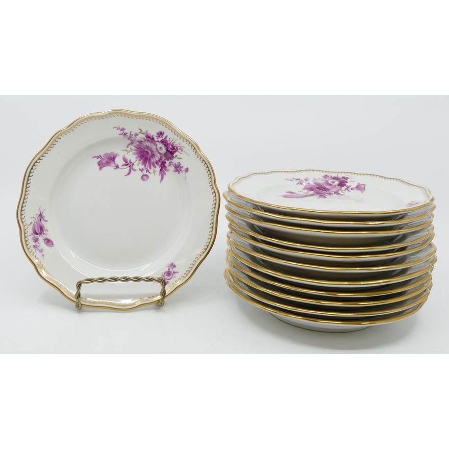 12pc Meissen Pink Flower Porcelain Bread Plates