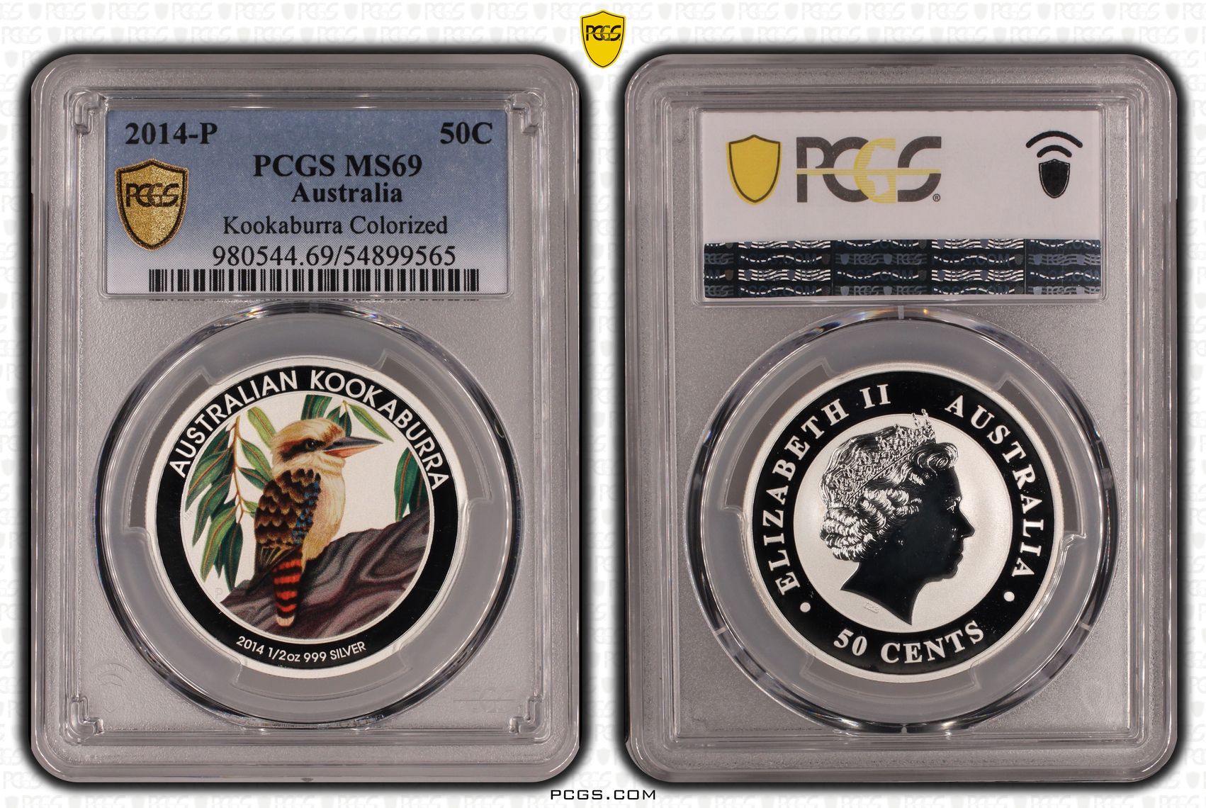 Kookaburra Colourised, POP 1/0, Fifty Cent, 2014-P, PCGS MS69