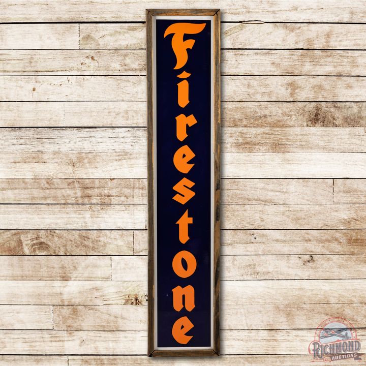 6' Firestone Tires Vertical Porcelain Sign w/ Wood Frame