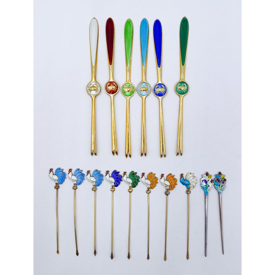 2 Sets Norwegian Enameled Sterling Crab & Cocktail Picks