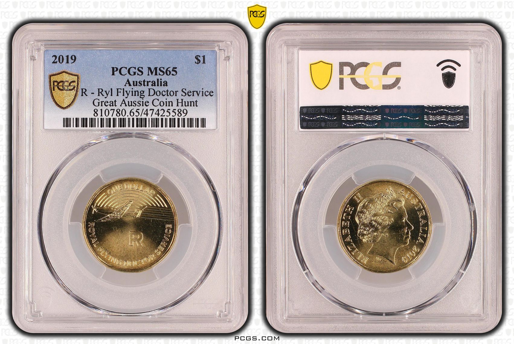 R - Ryl Flying Doctor Service - Great Aussie Coin Hunt, One Dollar, 2019, PCGS MS 65