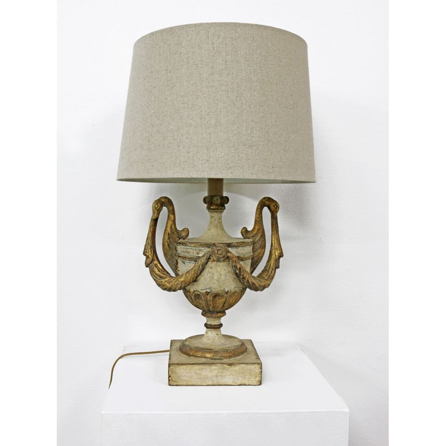 Carved wooden table lamp with swag decoration