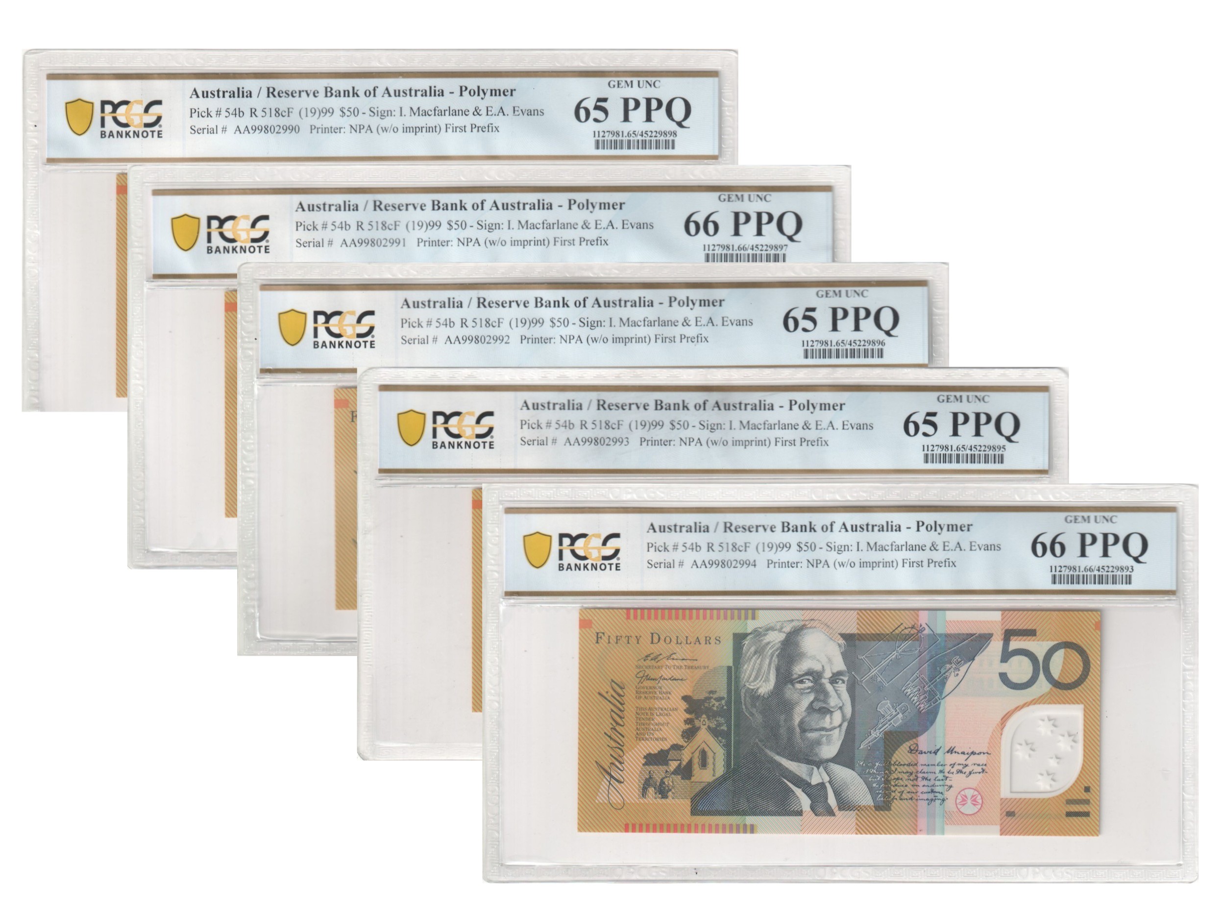 1999 $50 Macfarlane/Evans Gem Unc 65 PPQ Consecutive Run of 5 NPA First Prefix Notes