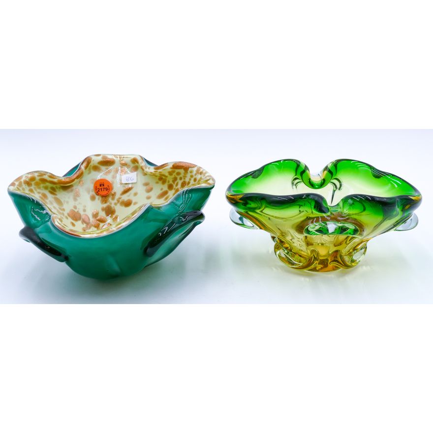 2pc Vintage Murano Glass Green Bowls 7''