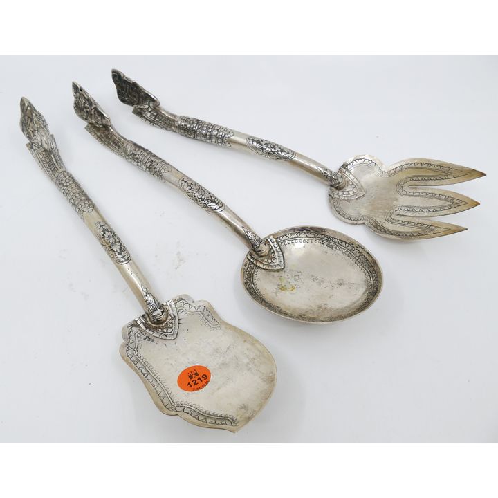 3pc Thai Low Grade Silver Serving Pieces- 10'' approx- 309g TW