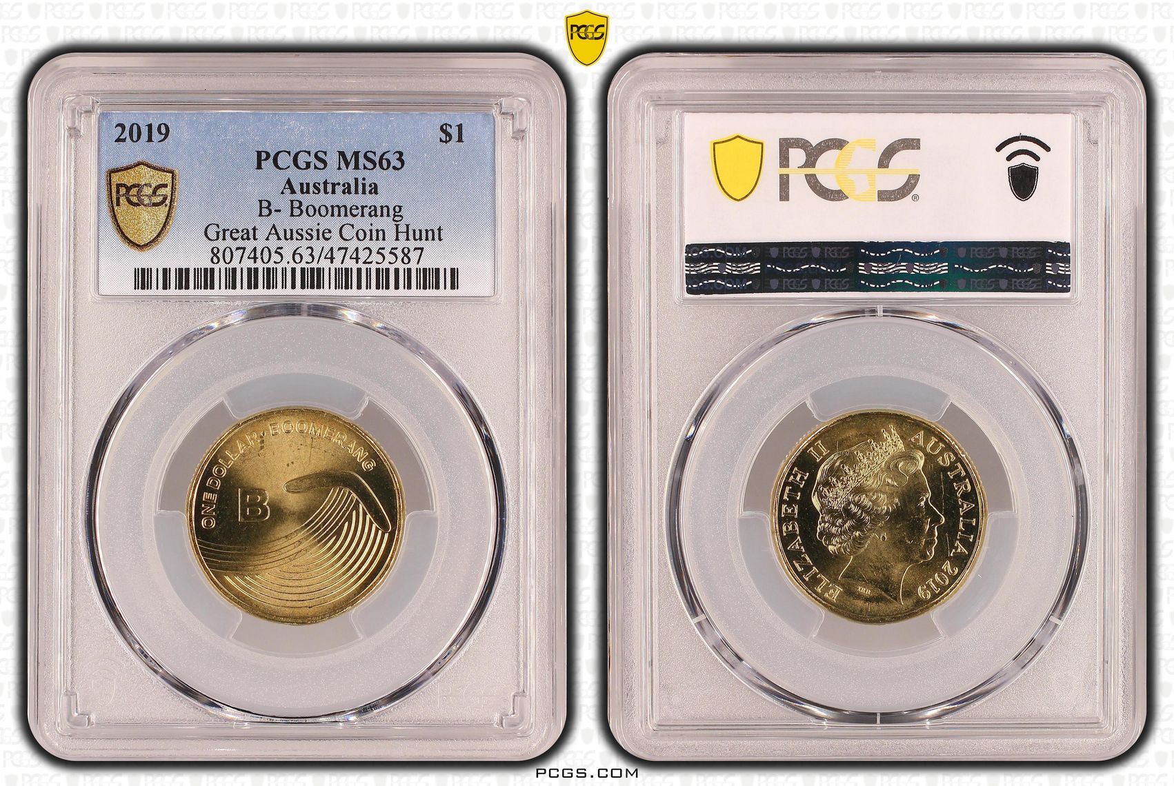 B- Boomerang Great Aussie Coin Hunt, One Dollar, 2019, PCGS MS 63