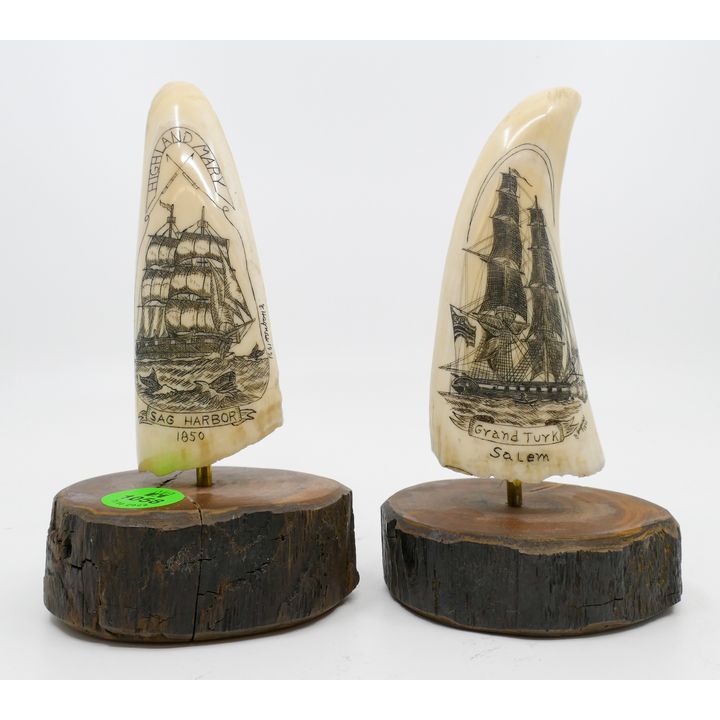 2pc J. Haynes Maritime Scrimshawed Tooth Sculptures on Stands 6''