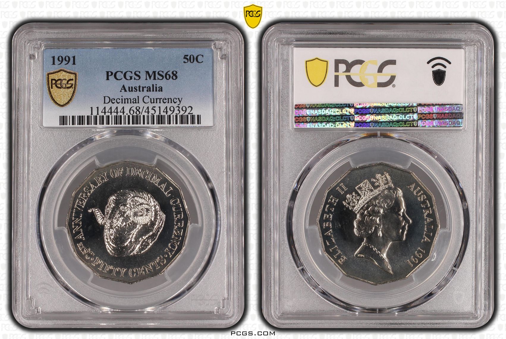 1991 Australia Fifty Cent, 50c 25th Anniversary Decimal Currency PCGS - MS68 -392