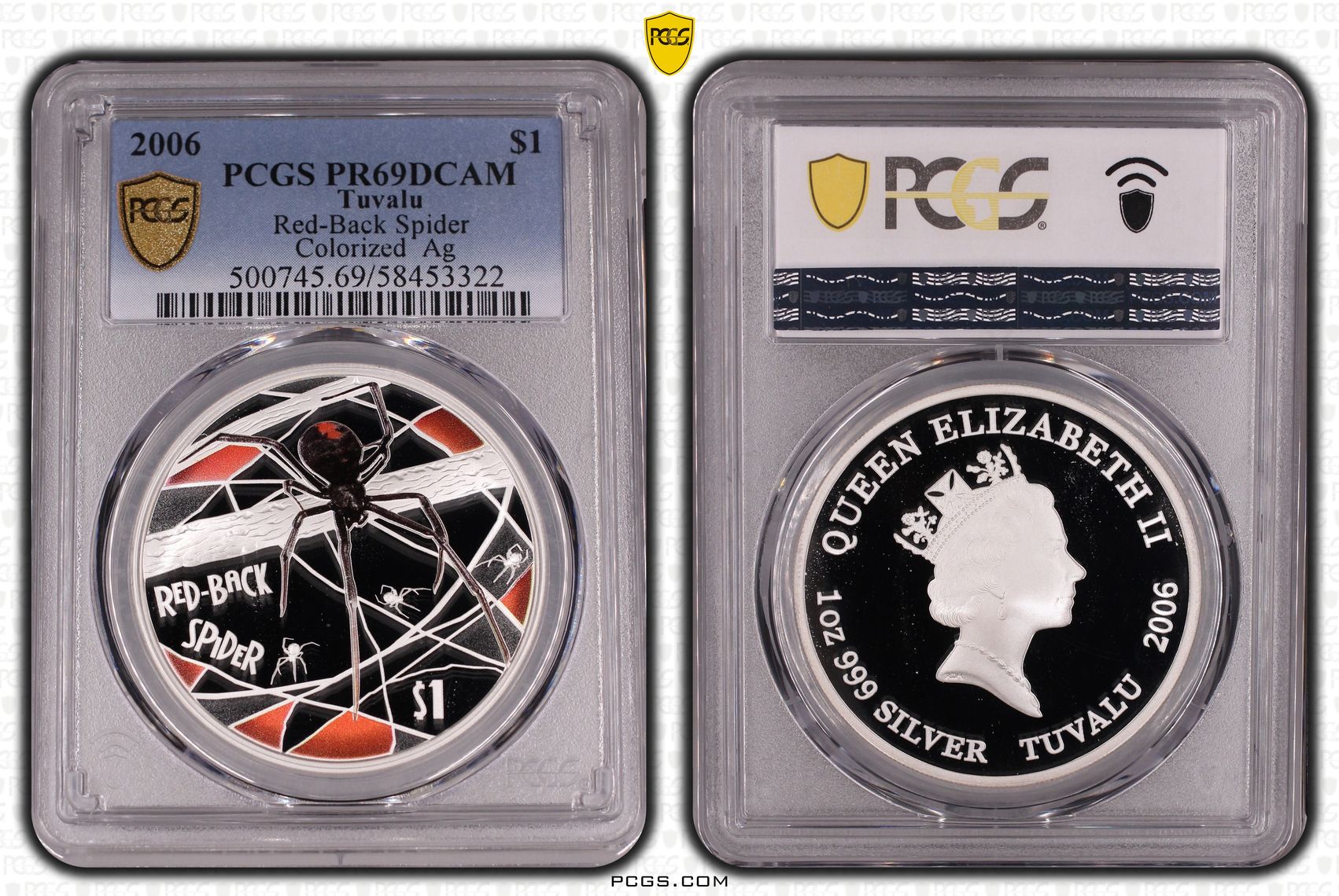 Tuvalu, Red-Back Spider Colourised Silver, One Dollar, 2006, PCGS PR69DCAM