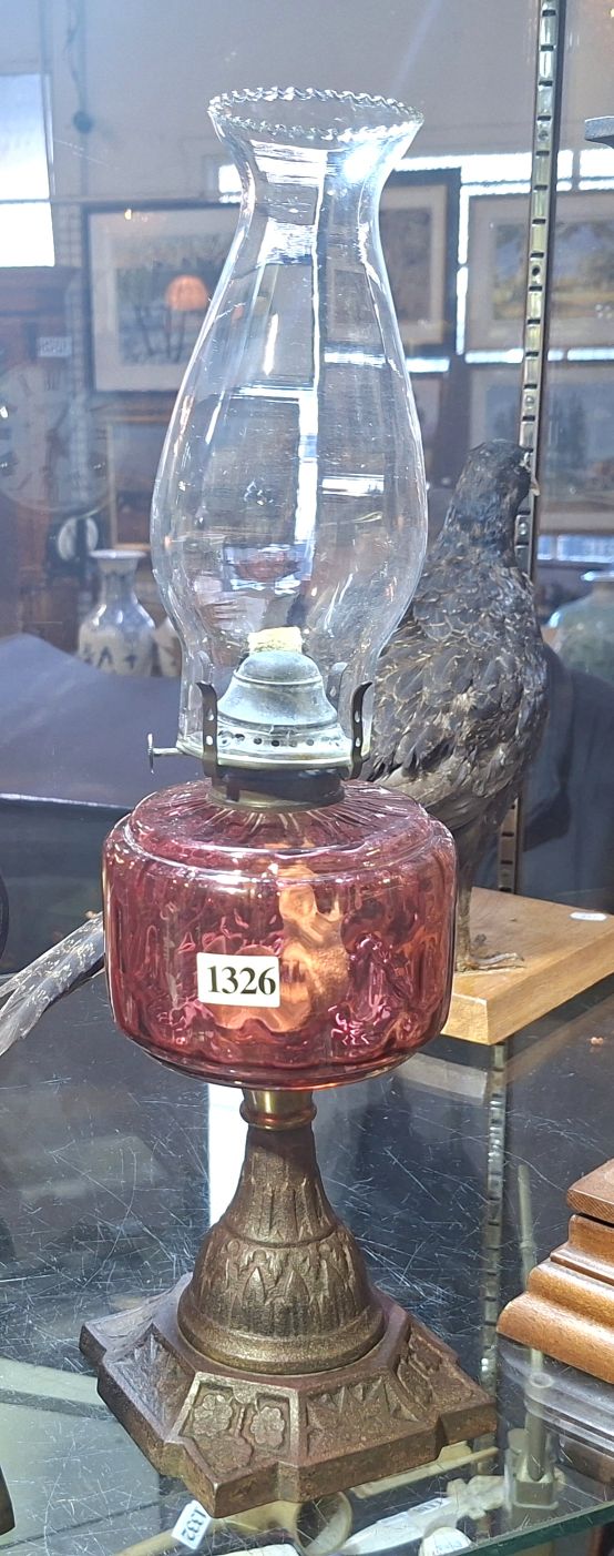 Edwardian Cranberry Glass Kerosene Lamp