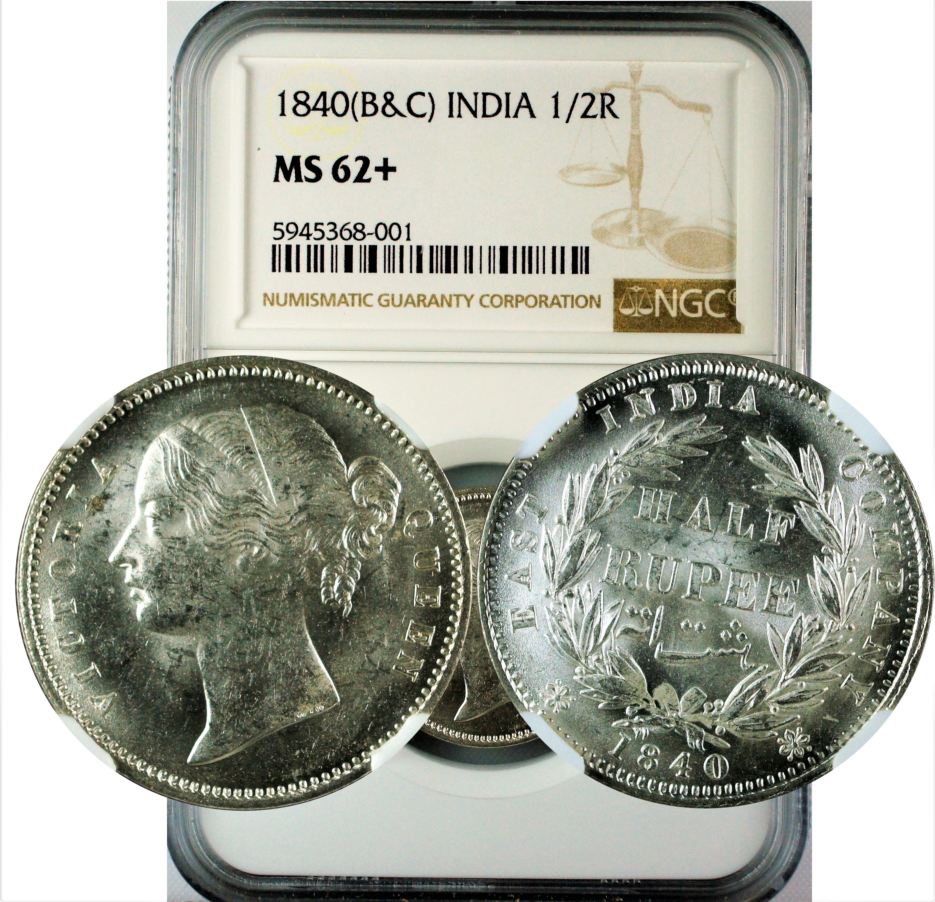India 1840 B&C 1/2 Rupee DL NGC MS62+