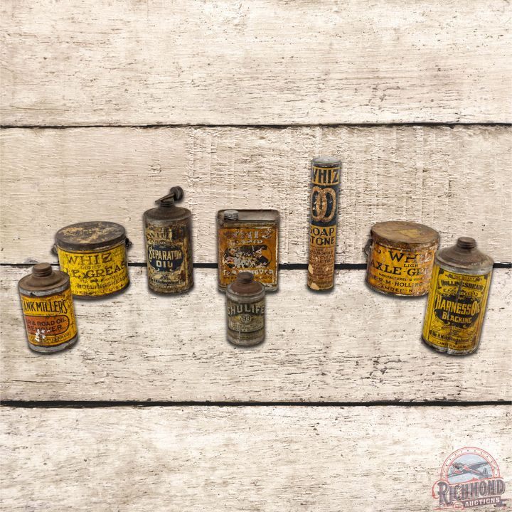 Group of 8 Early Whiz Advertising Cans