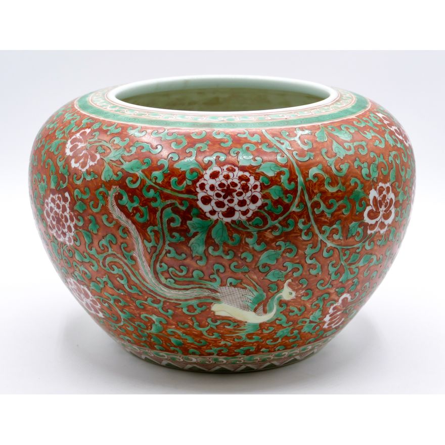 Chinese Coral Ground Phoenix Jardiniere 10'' - Kangxi marks