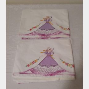 Pair of Vintage Hand Embroidered Purple Lady Pillow Cases with Hand Tatted Purple Trim