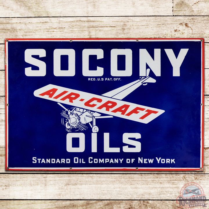 Socony Air-Craft Oils SS Porcelain Aviation Sign w/ Plane