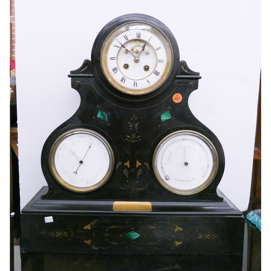 Victorian Inlaid Slate Barometer Mantle Clock- 19x18''