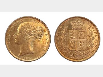 1853 VICTORIA YOUNG HEAD 'W.W. RAISED' LONDON MINT SHIELD GOLD SOVEREIGN