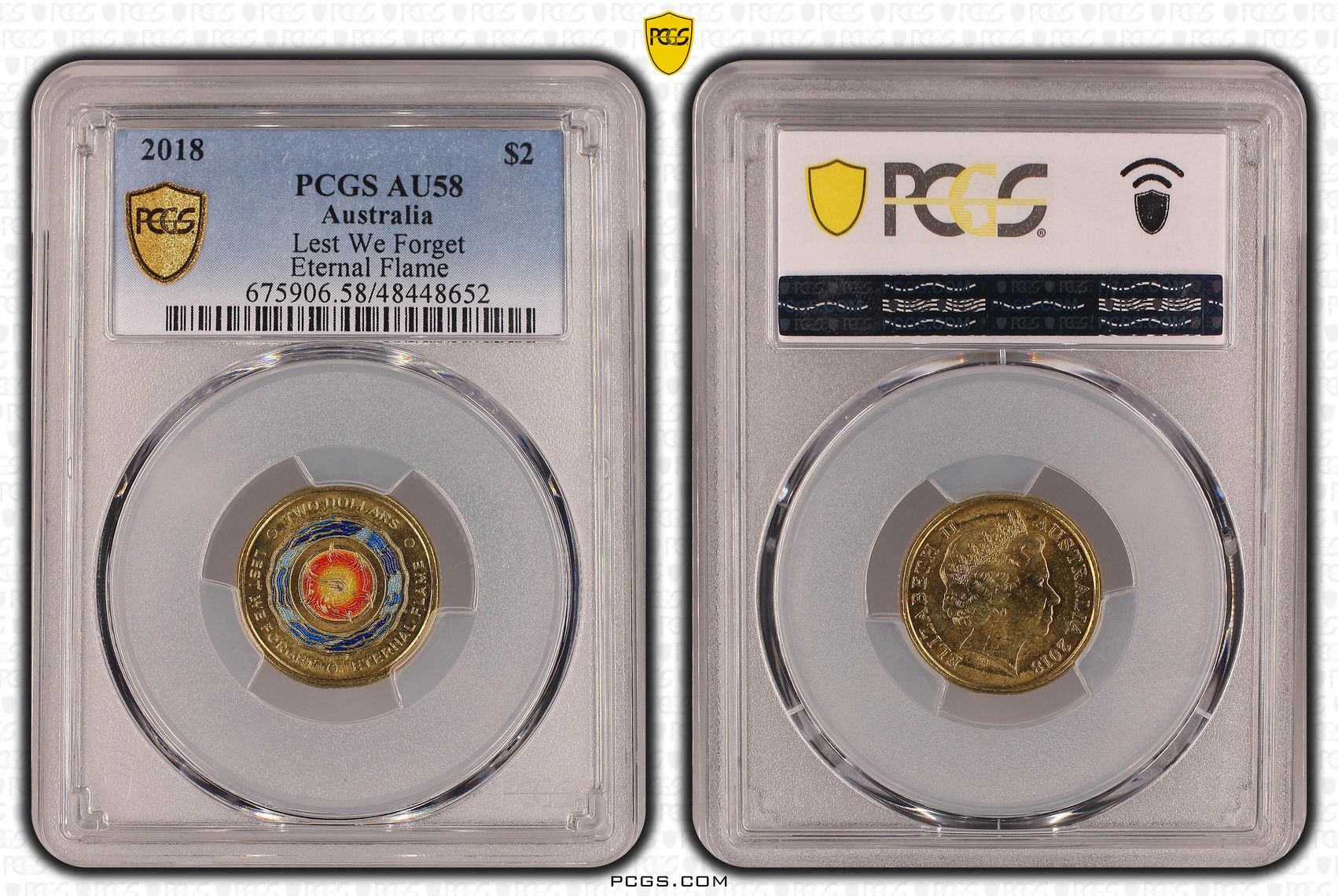 Elizabeth II, Lest We Forget - Eternal Flame, Two Dollar, 2018, PCGS AU58