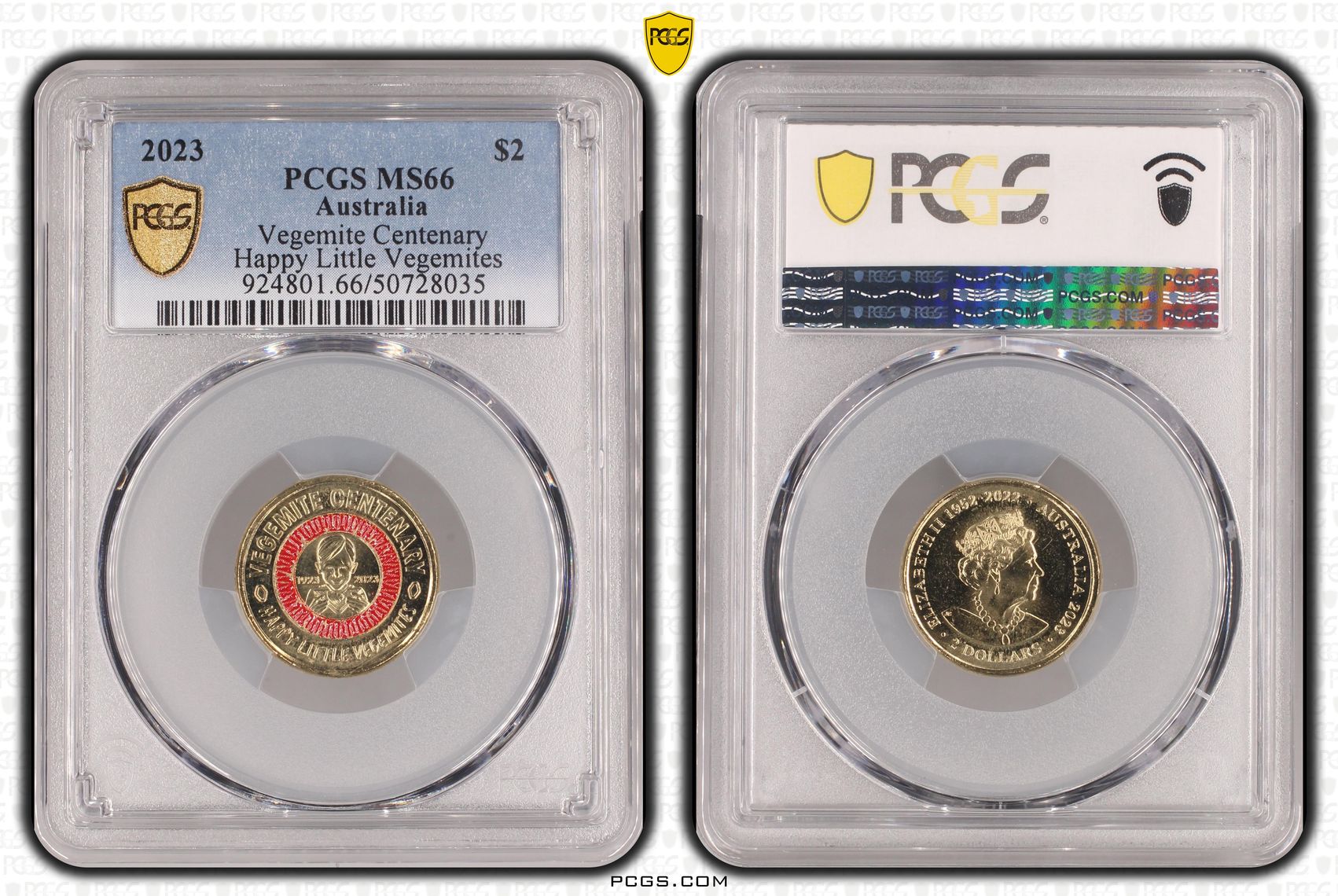 Vegemite Centenary Colorized Happy Little Vegemites POP 13/0, Two Dollar, 2023, PCGS MS66