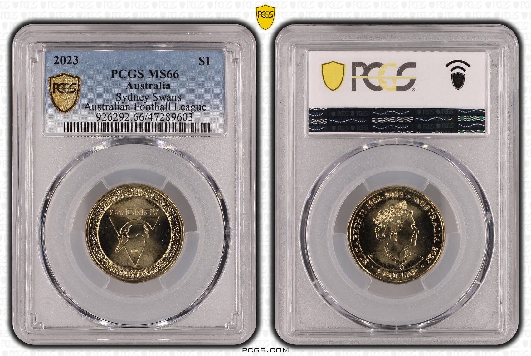 Elizabeth II, AFL - Sydney Swans POP 7/0, One Dollar, 2023, PCGS MS66