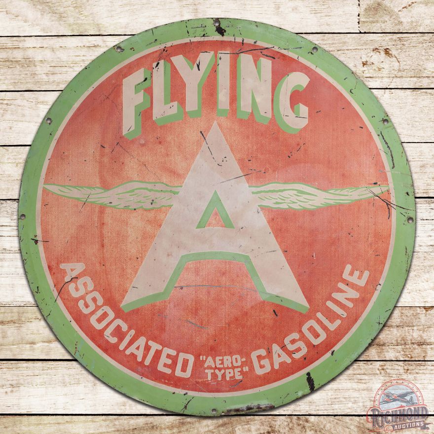 Scarce Flying A Associated "Aero Type" Gasoline 28" Double Sided Tin Sign w/ Chicken Wing Logo